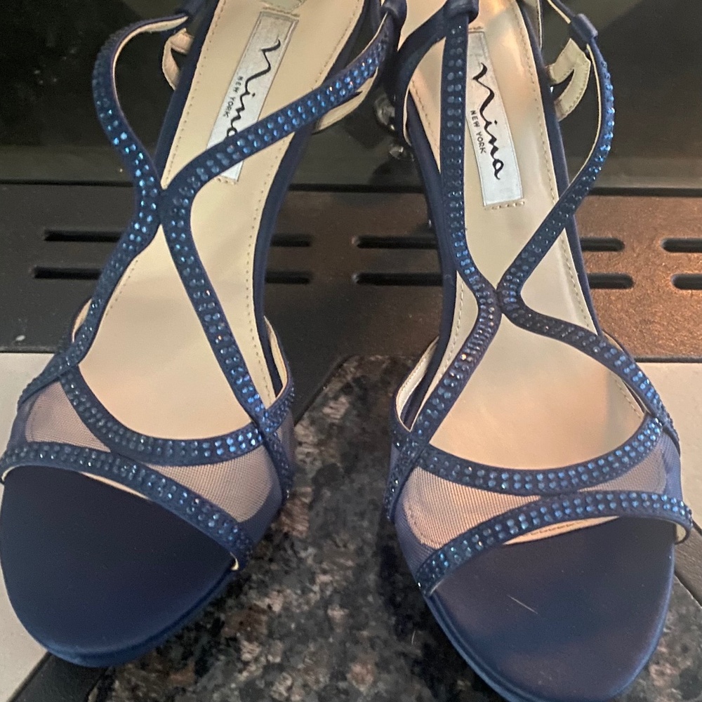 Nina Blossom Open-Toe Evening Sandal Navy Blue/Crystal Accents Size 8.5